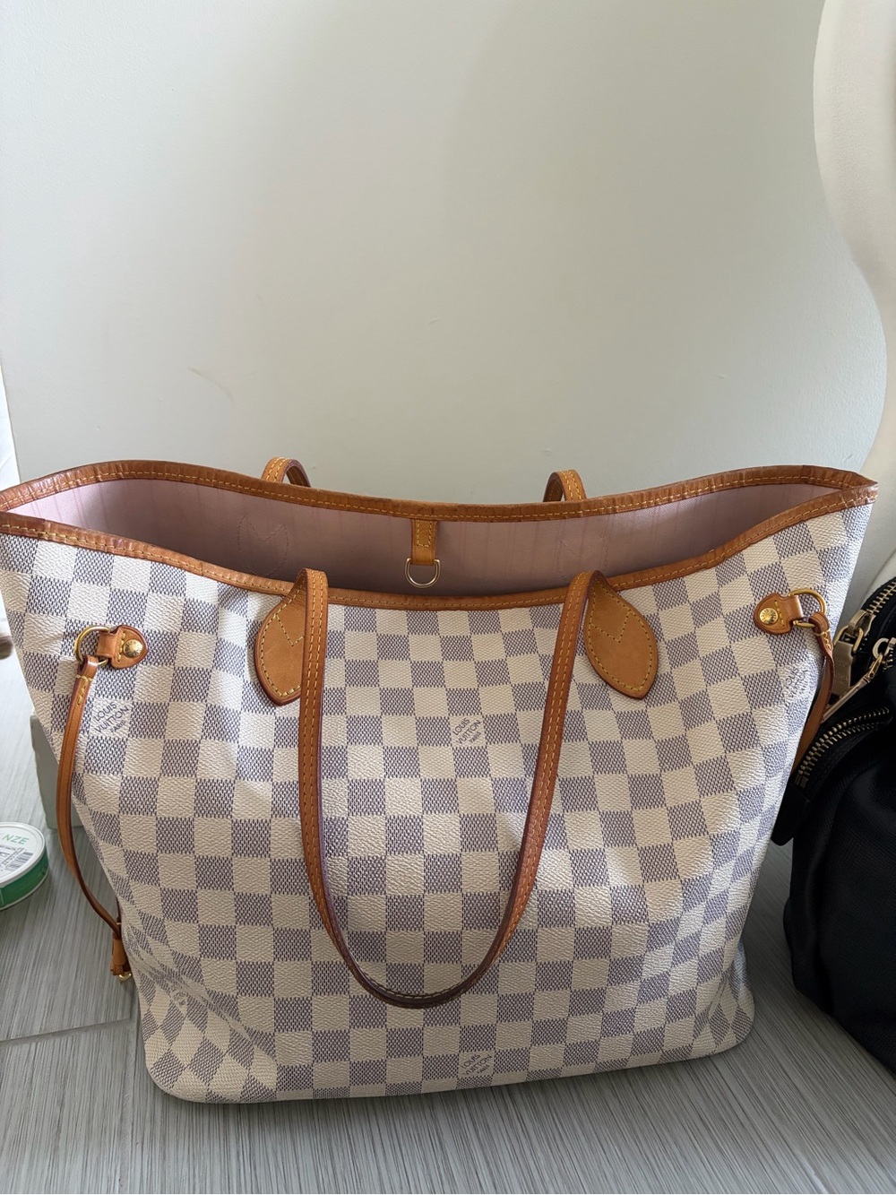 Louis Vuitton Damier Azur Check Tote with Pink Interior and Tan Trim